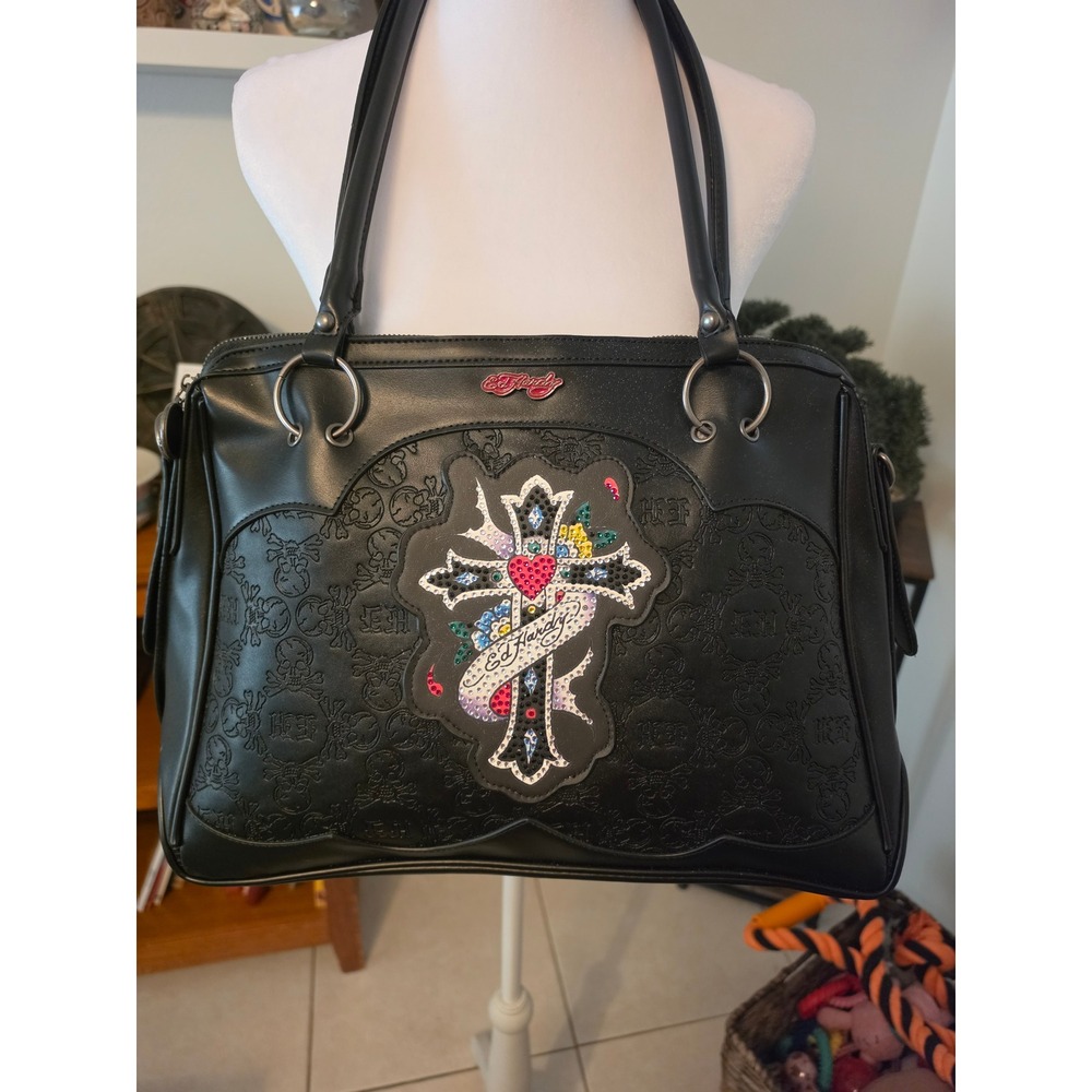 Ed Hardy Black Faux Leather Sequin Cross Skull Debossed Shoulder Bag Satchel Y2K